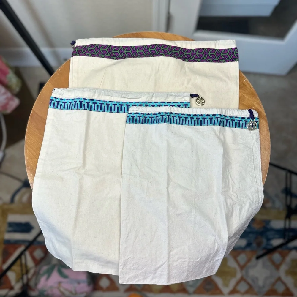 Tory Burch Set Of 3 White Canvas Bags with Purple‎ and Blue Accents drawstring